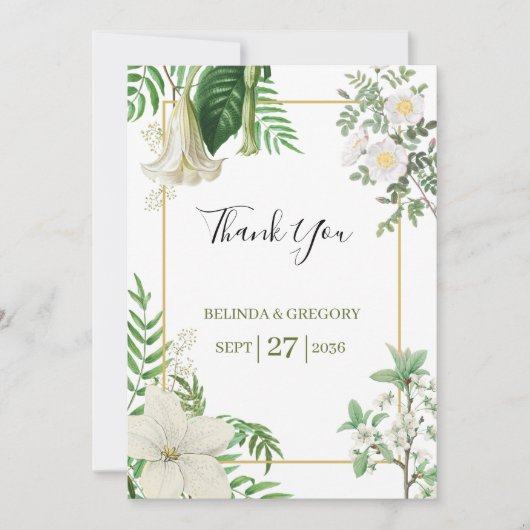 Rustikale, weiße, grüne Aquarellfarben-Goldhochzei Dankeskarte (Vorderseite)