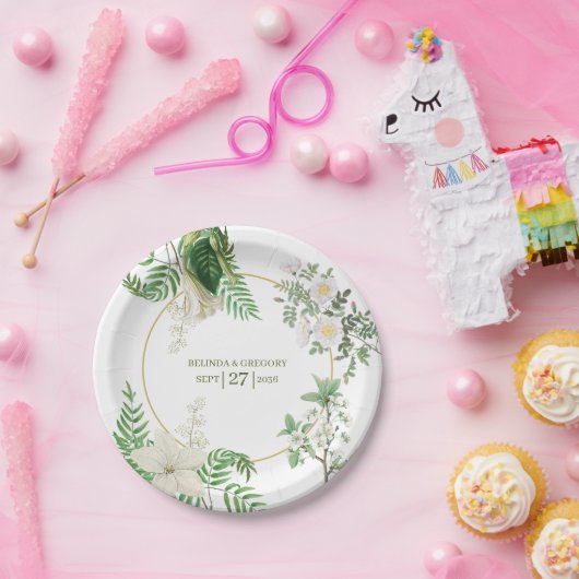 Rustikale, weiße, grüne Aquarellfarben-Goldhochzei Pappteller (Party)