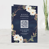 Rustikale weiße Magnolien-Blumen-QR-Code-Navy-Hoch Einladung (Rückseite)