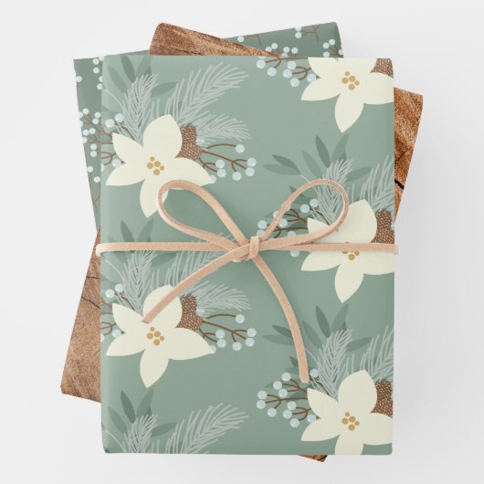 Rustikale weiße Poinsettien und Grünpflanzen Geschenkpapier Set (Beispiel)