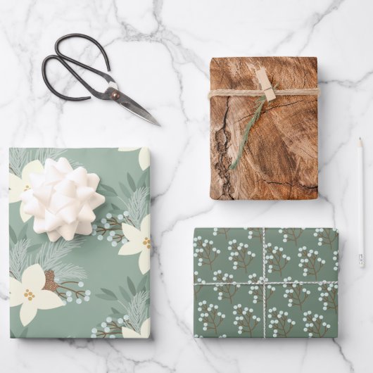 Rustikale weiße Poinsettien und Grünpflanzen Geschenkpapier Set (Vorderseite)