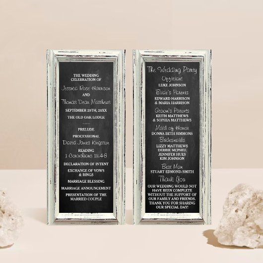 Rustikale weiße Rahmen- und Schiefertafel-Hochzeit Programm