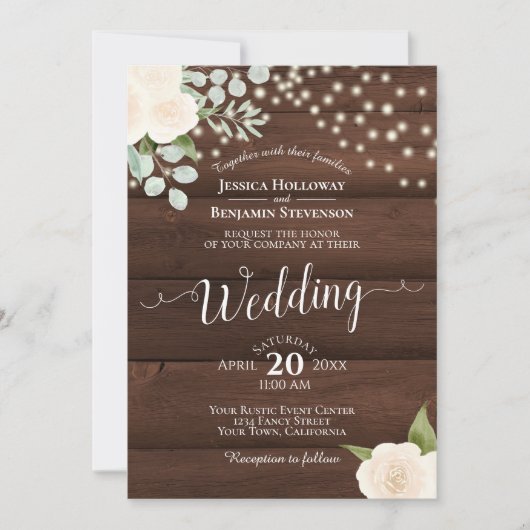 Rustikale weiße Rosen & Lichter auf der Brauerei H Einladung (Vorderseite)