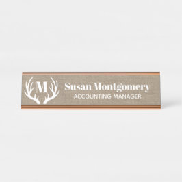 Rustikale weiße Rotwild-Geweih-Imitat-Leinwand Schreibtischnamensplakette