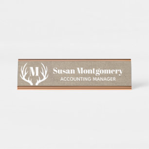 Rustikale weiße Rotwild-Geweih-Imitat-Leinwand Schreibtischnamensplakette