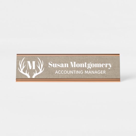 Rustikale weiße Rotwild-Geweih-Imitat-Leinwand Schreibtischnamensplakette (Vorderseite )