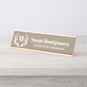 Rustikale weiße Rotwild-Geweih-Imitat-Leinwand Schreibtischnamensplakette (Vorderseite )