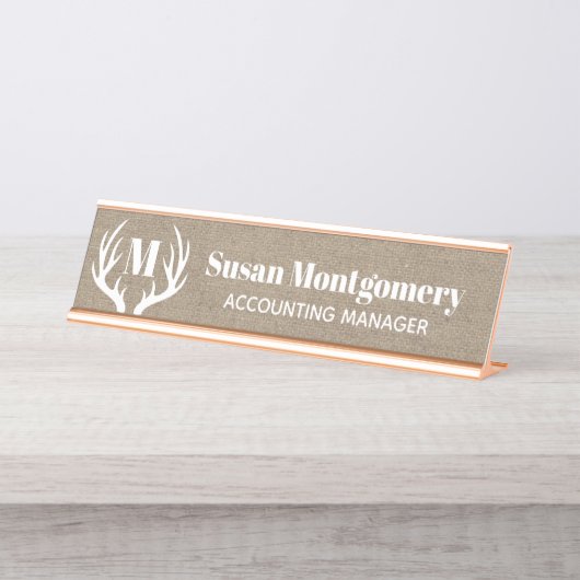 Rustikale weiße Rotwild-Geweih-Imitat-Leinwand Schreibtischnamensplakette (Vorderseite )