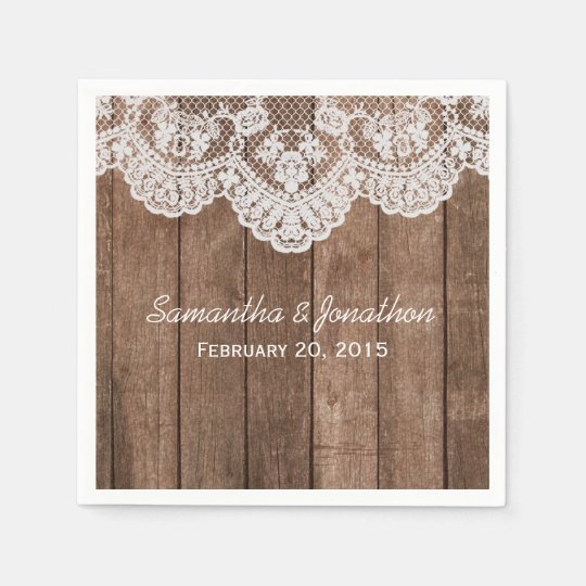 Rustikale Weisse Spitze Und Holz Hochzeit Serviette Zazzle De