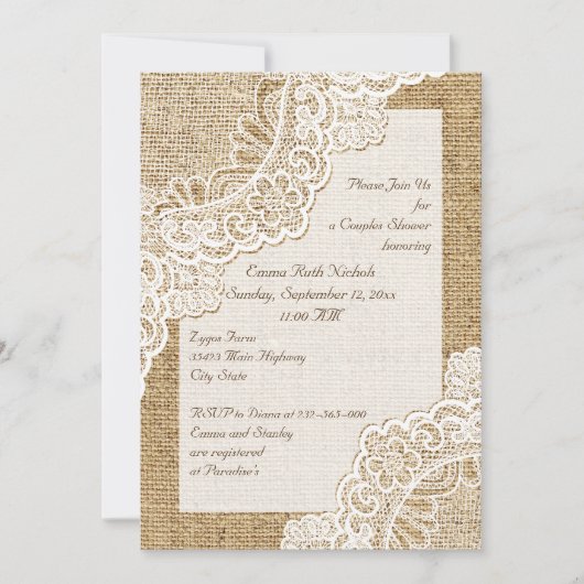 Rustikale weiße Spitzen auf Hochzeitsdusche Einladung (Vorderseite)