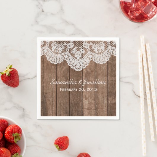 Rustikale weiße Spitzen- und Holzhochzeit Serviette (Beispiel)
