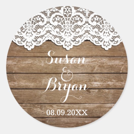 Rustikale weiße Spitzen- und Holzwolzklemme Runder Aufkleber (Vorderseite)