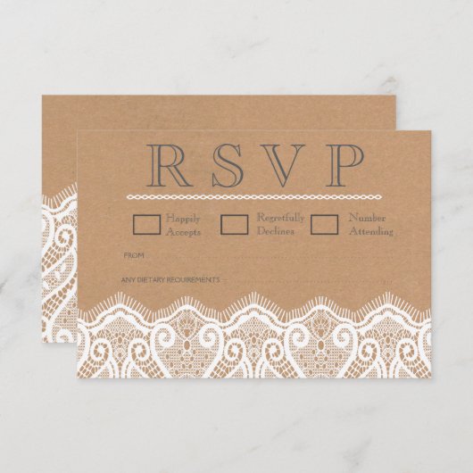 Rustikale weiße Spitzen- und Kraft-Hochzeitskarten RSVP Karte (Vorne/Hinten)