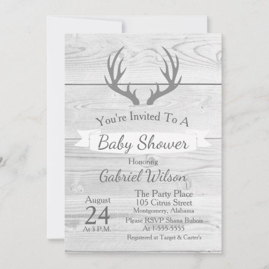 Rustikale Weißer Barn-Grauholz-Antler Einladung (Vorderseite)