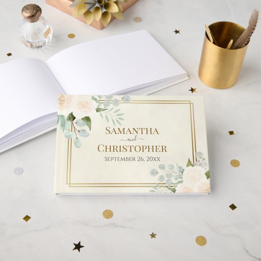 Rustikale Weißrosen & Eukalyptus Elegante Hochzeit Gästebuch (Vorderseite Offen)