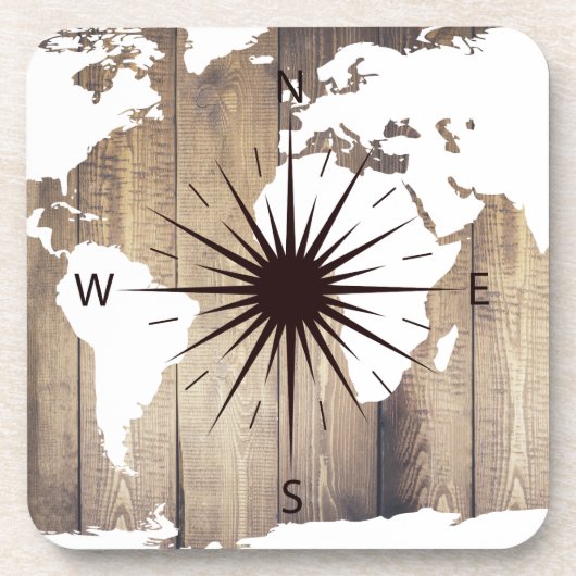 Rustikale Weltkarte und Holzplanen mit Kompass Getränkeuntersetzer (Vorderseite)