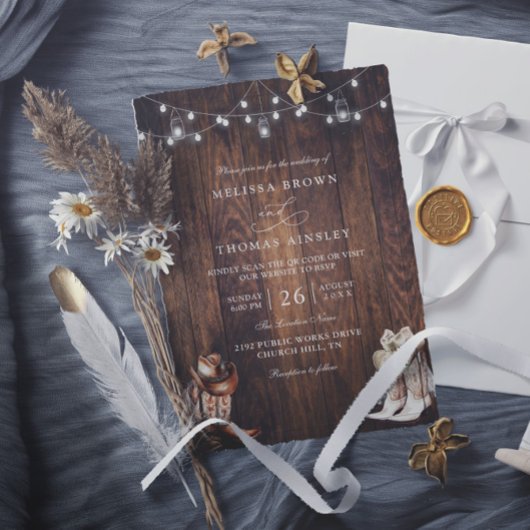 Rustikale Western-Country-Barn-QR-Code-Hochzeit Einladung
