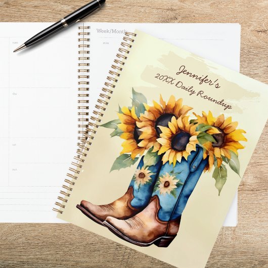 Rustikale Western-Cowboy-Stiefel & Sonnenblumen Planer