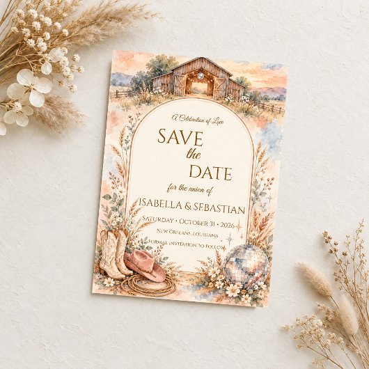 Rustikale Western-Disco-Hochzeit Save The Date