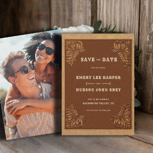 Rustikale Western-Hochzeit aus getriebenem Leder Save The Date