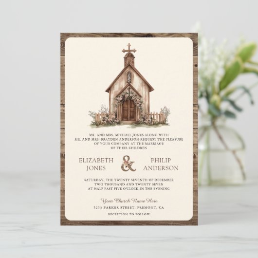Rustikale Western Kapelle auf einer Hochzeit Einladung (Stehend Vorderseite)