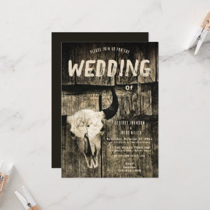 Rustikale Western-Rodeo-Hochzeit Sepia-Büffelschäd Einladung