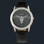 Rustikale Western-Schwarz-Weiß-Bullen-Hochzeit Armbanduhr<br><div class="desc">Rustikaler Western Schwarz-Weiß Bullen Kuh Schädel Land Cowboy Hochzeitsgroom und Trauzeuge GeschenkArmbanduhr. Vintag antiker alter wilder Westen,  Bauernhaus inspiriert. Cooles,  trendiges,  modernes Bauerndesign. Passen Sie Ihre Typografie an. Bildrecht Marg Seregelyi Fotografie.</div>