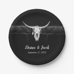 Rustikale Western-Schwarz-Weiß-Bullen-Hochzeit Pappteller
