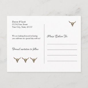 Rustikale Western-Stier-Schädel-Hochzeit Save-the- Postkarte