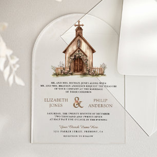 Rustikale westliche Holzkapelle Hochzeit Acryleinladungen
