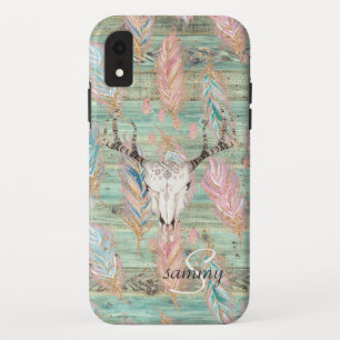 Rustikale westliche Türkis-Holz-Hirsch-Schädel-Mon Case-Mate iPhone Hülle