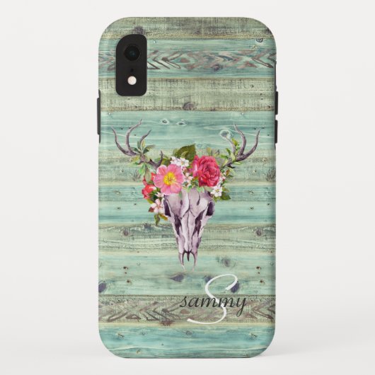 Rustikale westliche Türkis-Holz-Hirsch-Schädel-Mon Case-Mate iPhone Hülle (Rückseite)