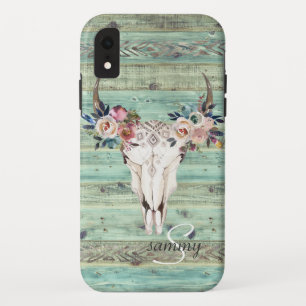 Rustikale westliche Türkis-Holz-Kuh-Schädel-Monogr Case-Mate iPhone Hülle