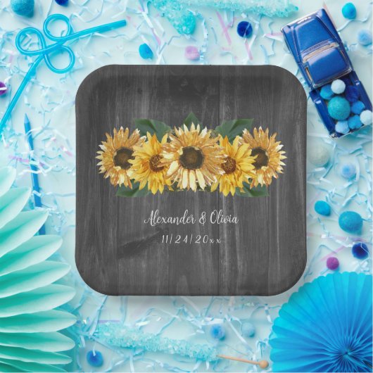 Rustikale, wettergewitterte Sonnenblumen Hochzeits Pappteller (Party)