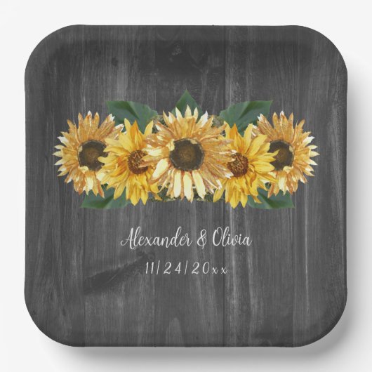 Rustikale, wettergewitterte Sonnenblumen Hochzeits Pappteller (Vorderseite)