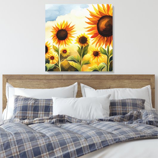 Rustikale Whimsical Watercolor Sonnenblumen Leinwanddruck (Insitu (Schlafzimmer))