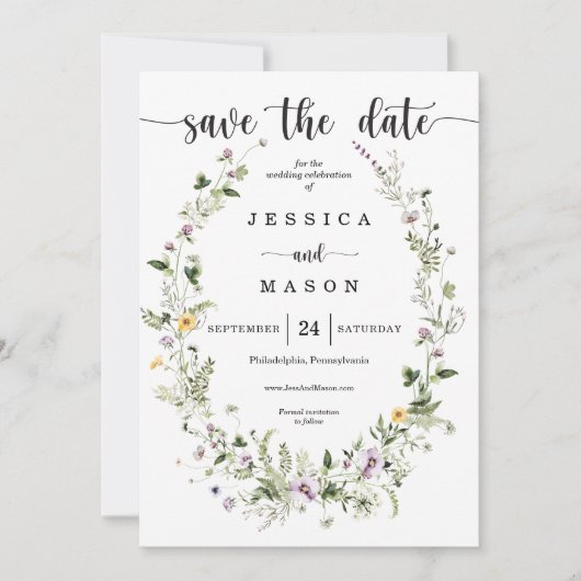 Rustikale Whimsikäre Wildblumen, die das Datum sic Einladung (Vorderseite)