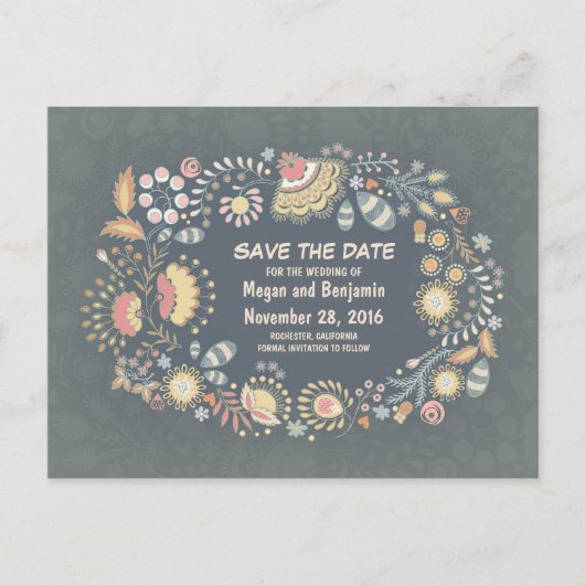 Rustikale Whimsikfloral Save the Date Ankündigungspostkarte (Vorderseite)