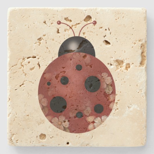 Rustikale Whimsistische Primitive Floral Ladybug Steinuntersetzer (Vorderseite)