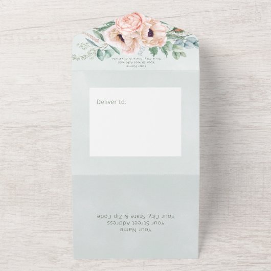 Rustikale White & Blush Peonings sprechen für grün All In One Einladung (Außenbereich)