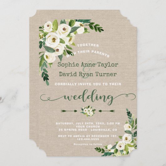 Rustikale White Floral Burlap Handwriting-Hochzeit Einladung (Vorne/Hinten)