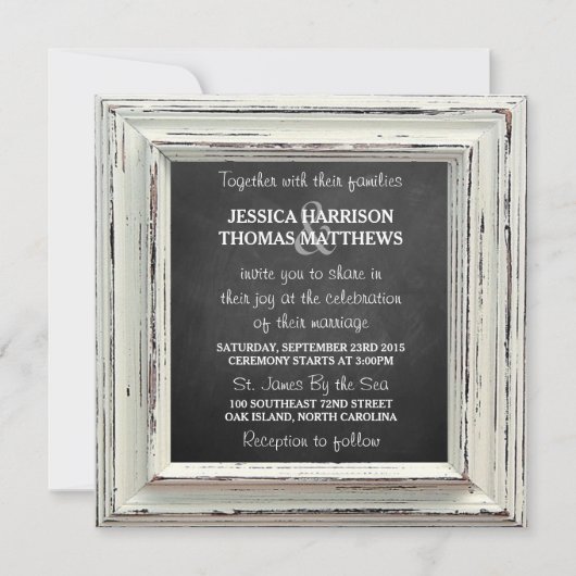 Rustikale White Frame & Chalkboard Hochzeitskollek Einladung (Vorderseite)
