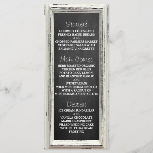 Rustikale White Frame & Chalkboard Hochzeitskollek Menükarte (Vorderseite)