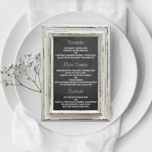 Rustikale White Frame & Chalkboard Hochzeitskollek Menükarte