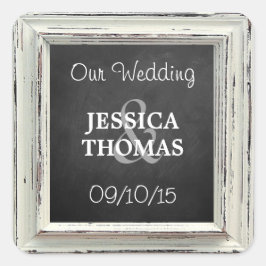 Rustikale White Frame & Chalkboard Hochzeitskollek Quadratischer Aufkleber