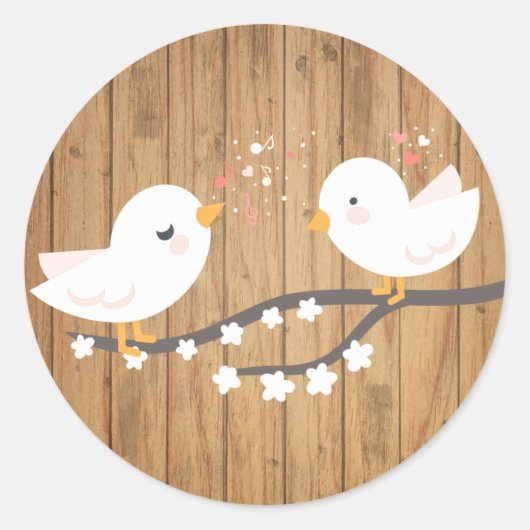 Rustikale White Lovebirds Brown Wood Wedding Runder Aufkleber (Vorderseite)