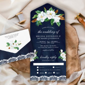 Rustikale White Magnolia Bloral Navy Blue Wedding All In One Einladung