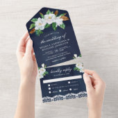 Rustikale White Magnolia Bloral Navy Blue Wedding All In One Einladung (Abreißen)