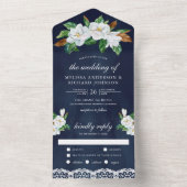 Rustikale White Magnolia Bloral Navy Blue Wedding All In One Einladung (Innen Boden)