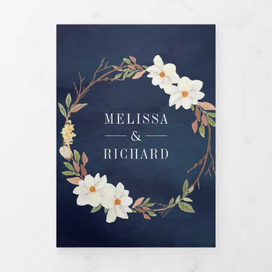 Rustikale White Magnolia Floral QR Code Marine Hoc Dreifach Gefaltete Einladung (Cover)